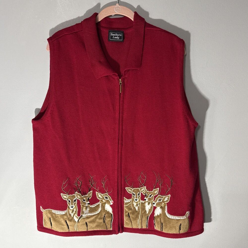 Vintage 90's Christmas Sweater Vest XL Red Reindeer Cotton Ramie Beaded Zip Up